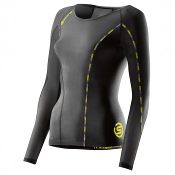 SKINS DNAmic Womens Long Sleeve Top Sort/Gul X-Small Dame