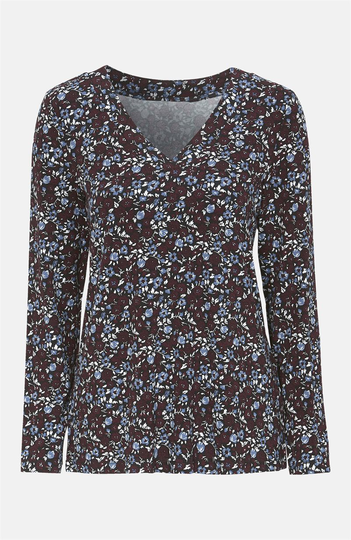 Mønstret jerseybluse med V-udskæring